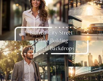 May include: A composite image featuring a woman and a man in business attire, set against blurred cityscapes and office buildings. The text overlay reads "Blurred City Street Office Building 12 Digital Backdrops."