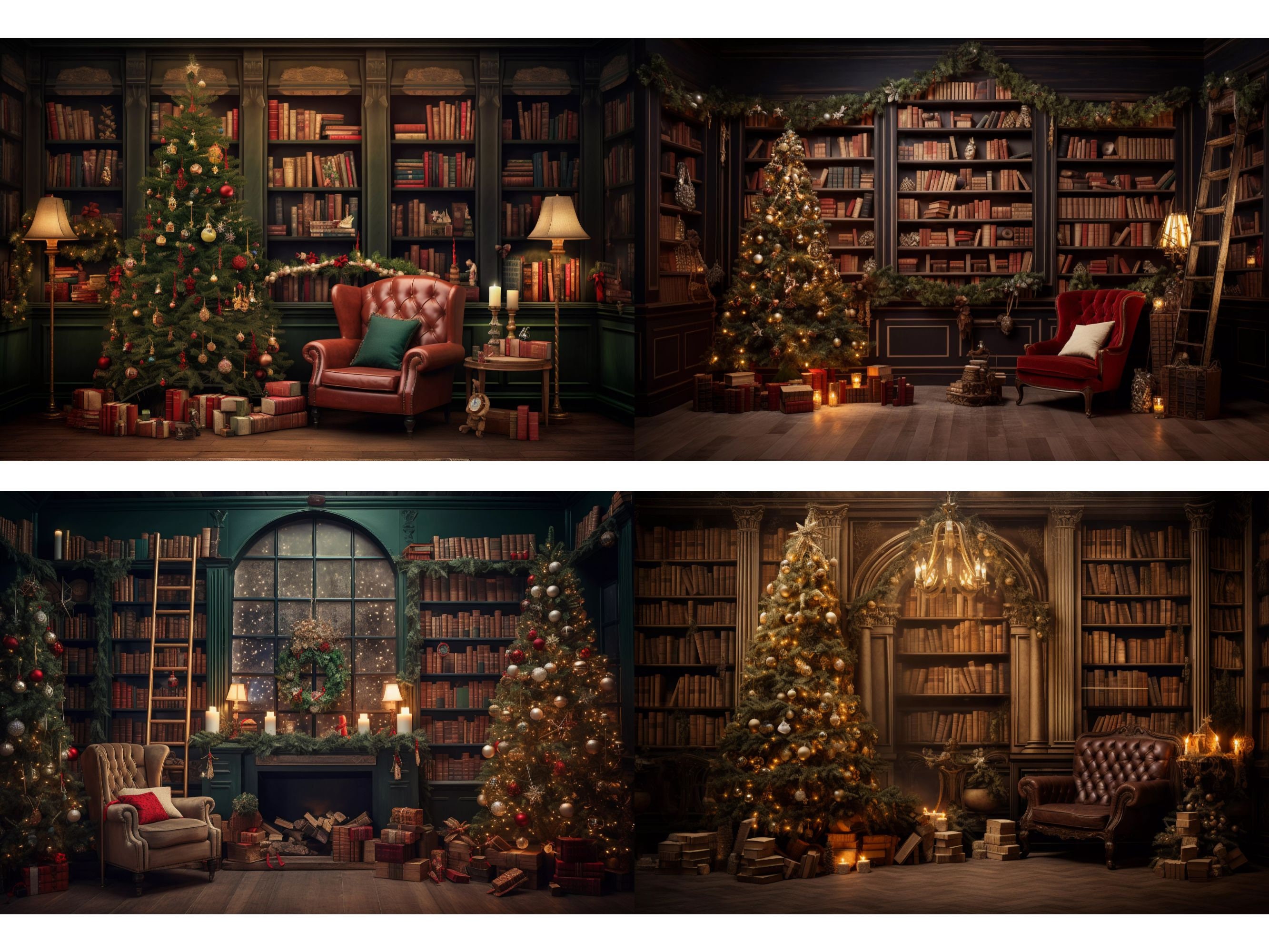Christmas Library Book Shelf Digital Backdrops, Composite Backdrops ...