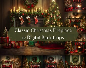 Classic Christmas Fireplace Digital Backdrops Bundle, Composite Photography Holiday,Photoshop overlays, Family Maternity Digital Backgrounds