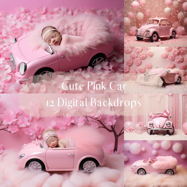 Cute Pink Car Digital Backdrops, Newborn Children Composite Photo Overlays, Photoshop overlays, Studio Photography Digital Background