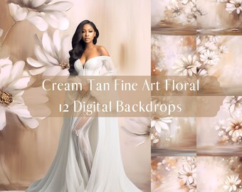 Zestaw Fine Art Floral Elegance, Cyfrowe tła do fotografii ciążowej i portretowej, Nakładki tekstur Photoshop, Kremowo-brązowe tło