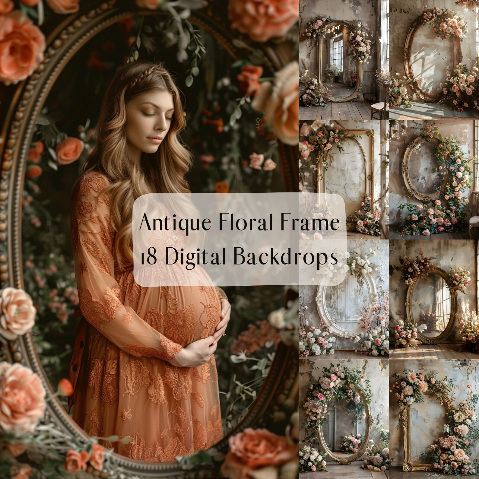 Valamarm Am Backdrop Frame Antique Floral Frame Digital Backdrops, Maternity Background, Vintage ...