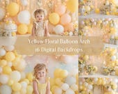 Yellow Floral Balloon Digital Backdrops, Child Photography Studio Backdrops, Photoshop overlays, Cake Smash Background, Creative Composite