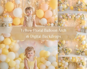 Gele bloemenballon Digitale achtergronden, kinderfotografie Studio-achtergronden, Photoshop-overlays, Cake Smash-achtergrond, Creative Composite