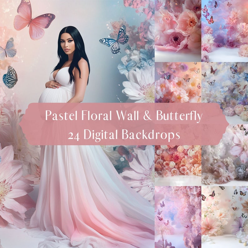 Pastel Floral Wall Digital Backdrops, Maternity Background, Portrait ...