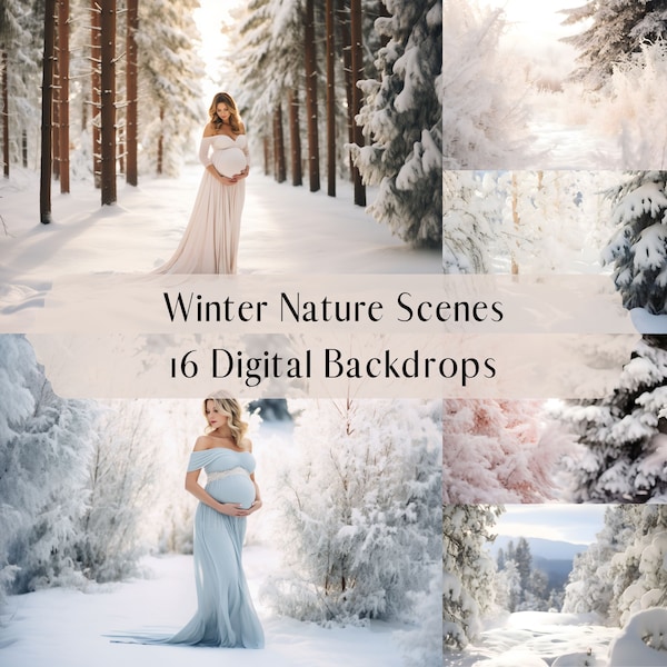 Winter Nature Scene Digital Backdrops, Snowy Forest Woods Bush, Composite Maternity Digital Background, Wonderland Backdrops, Photo Editing