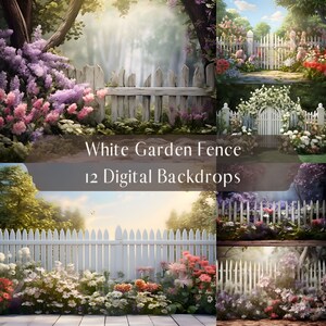 May include: Twelve digital backdrops featuring a white picket fence with various floral arrangements and garden settings. The backdrops are ideal for creating a whimsical and romantic atmosphere in your photos.