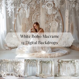 May include: White boho macrame backdrop with dreamcatchers and floral accents. 14 digital backdrops included.