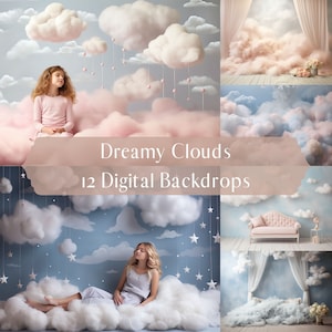 Puede incluir: Doce fondos digitales con nubes de ensueño en varios colores y estilos. Algunos fondos incluyen estrellas, un sofá y cortinas. El texto "Dreamy Clouds 12 Digital Backdrops" se muestra en la imagen.