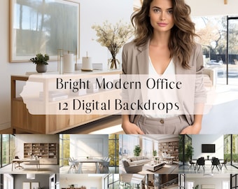 Puede incluir: Un collage de 12 fondos de pantalla digitales que muestran un espacio de oficina moderno con grandes ventanas, muebles de madera y plantas. El texto "Bright Modern Office 12 Digital Backdrops" está superpuesto en la imagen.