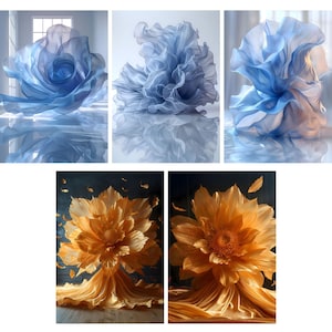 K&ouml;nnte beinhalten: Zwei gro&szlig;e Stoffblumen. Eine ist blau und aus durchsichtigem Stoff. Die andere ist golden und aus einem festeren Stoff. Beide Blumen haben ein dramatisches, gekr&auml;useltes Aussehen.