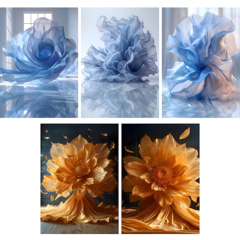 K&ouml;nnte beinhalten: Zwei gro&szlig;e Stoffblumen. Eine ist blau und aus durchsichtigem Stoff. Die andere ist golden und aus einem festeren Stoff. Beide Blumen haben ein dramatisches, gekr&auml;useltes Aussehen.