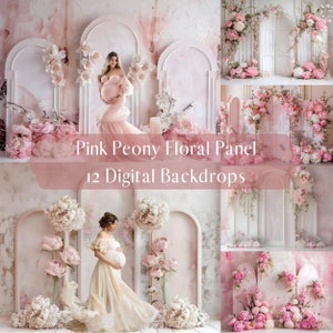 May include: A set of 12 digital backdrops featuring pink peonies and arches. The backdrops are ideal for newborn, baby, maternity, and family photography.