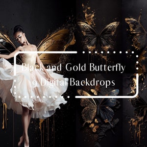 9 Black and Gold Butterfly Digital Backdrop Overlays, Skinny Canvas, Maternity Digital Backdrops, Photography Digital Background, Photoshop