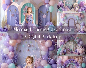 12 Mermaid Theme Studio Digital Backdrops, Cake Smash, Kids Mini Session, Digital Backgrounds, Photoshop overlays, Photo Props, Balloon Arch