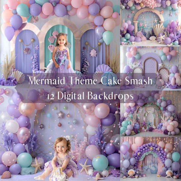 12 Mermaid Theme Studio Digital Backdrops, Cake Smash, Kids Mini Session, Digital Backgrounds, Photoshop overlays, Photo Props, Balloon Arch