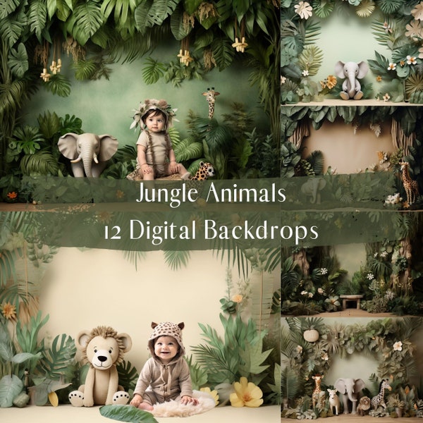 Fondos digitales Jungle Safari, fondos de estudio de fotografía infantil, superposiciones de Photoshop, fondo Cake Smash, cumpleaños de bebé con tema tropical