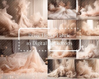 10 Beige Fließender Stoff Digitale Kulissen, Mutterschaft Hintergrund Overlays, Stoff Rauch Photoshop Overlays, Studio Fotografie Digitaler Hintergrund