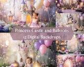 Princess Castle & Balloons Digital Backdrops, Photoshop Overlays, Kids Portrait Backdrops, Cake Smash Digital Background, Enchanted Whimsy