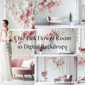 10 cenários digitais chiques de sala de flores rosa, cenário de primavera, sobreposições de Photoshop, sobreposições de cenário de maternidade, fundo digital de fotografia
