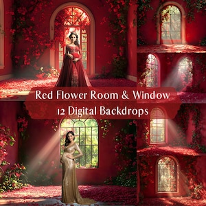 Moody Red Flower Room Digital Backdrops,Gothic Romantic,Photoshop Overlays,Maternity Portrait Backdrop,Studio Photography Digital Background