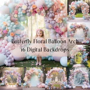 Arco de balão floral borboleta fundo digital, cenário de aniversário ao ar livre, sobreposições de photoshop, fundo de fotografia composto infantil