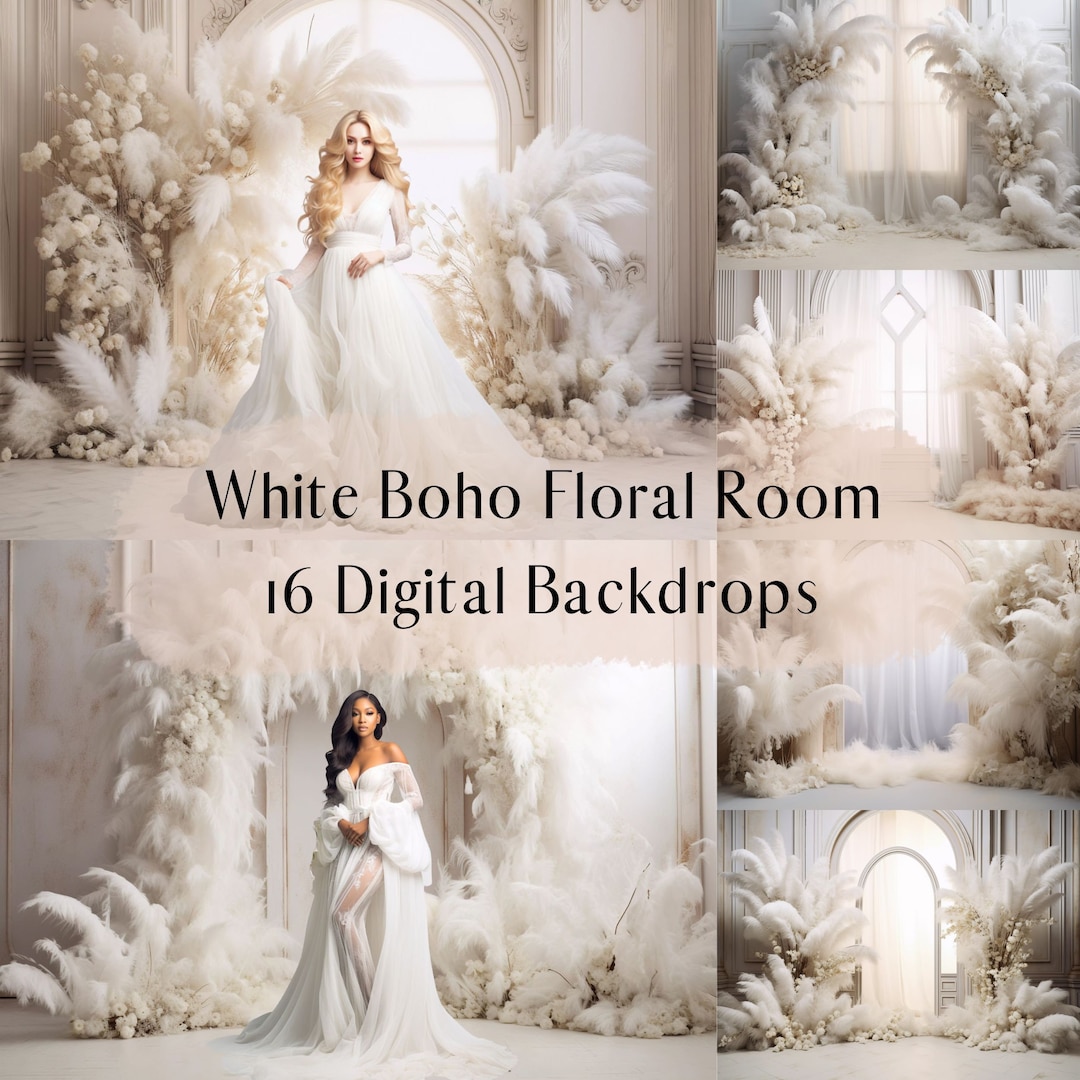 White Boho Floral Room Digital Backdrops, Maternity Family Wedding ...