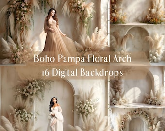 Boho Pampa Floral Arch Digital Backdrops, Maternity Wedding Portrait Photography Overlays, Studio Digital Background, Photoshop Overlays