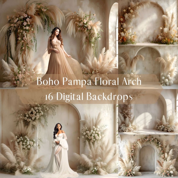 Boho Pampa Floral Arch Digital Backdrops, Maternity Wedding Portrait Photography Overlays, Studio Digital Background, Photoshop Overlays