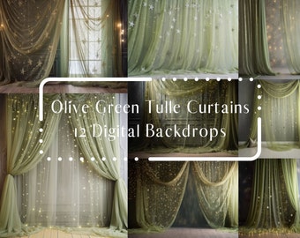 Olive Tulle Curtains Digital Backdrops, Photoshop Overlays, Maternity Kids Portrait Backdrops, Dance Studio Photography Digital Background