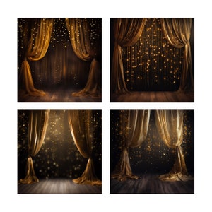 May include: Four images of a stage backdrop with gold curtains and sparkling lights. The curtains are pulled back to reveal a dark background with a wooden floor.