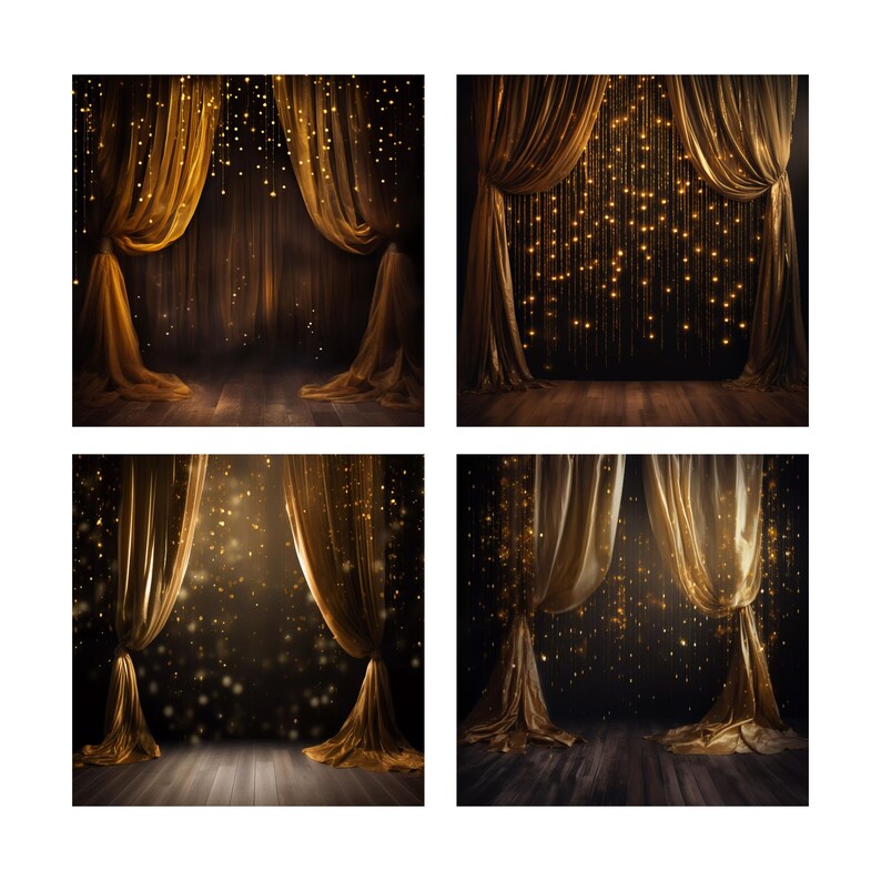 May include: Four images of a stage backdrop with gold curtains and sparkling lights. The curtains are pulled back to reveal a dark background with a wooden floor.