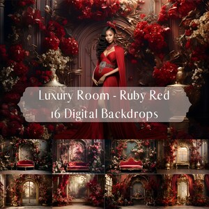 May include: A digital backdrop featuring a luxurious red room with ornate gold accents, a large arched doorway, and lush red flowers. The text "Luxury Room - Ruby Red 16 Digital Backdrops" is displayed on the image.