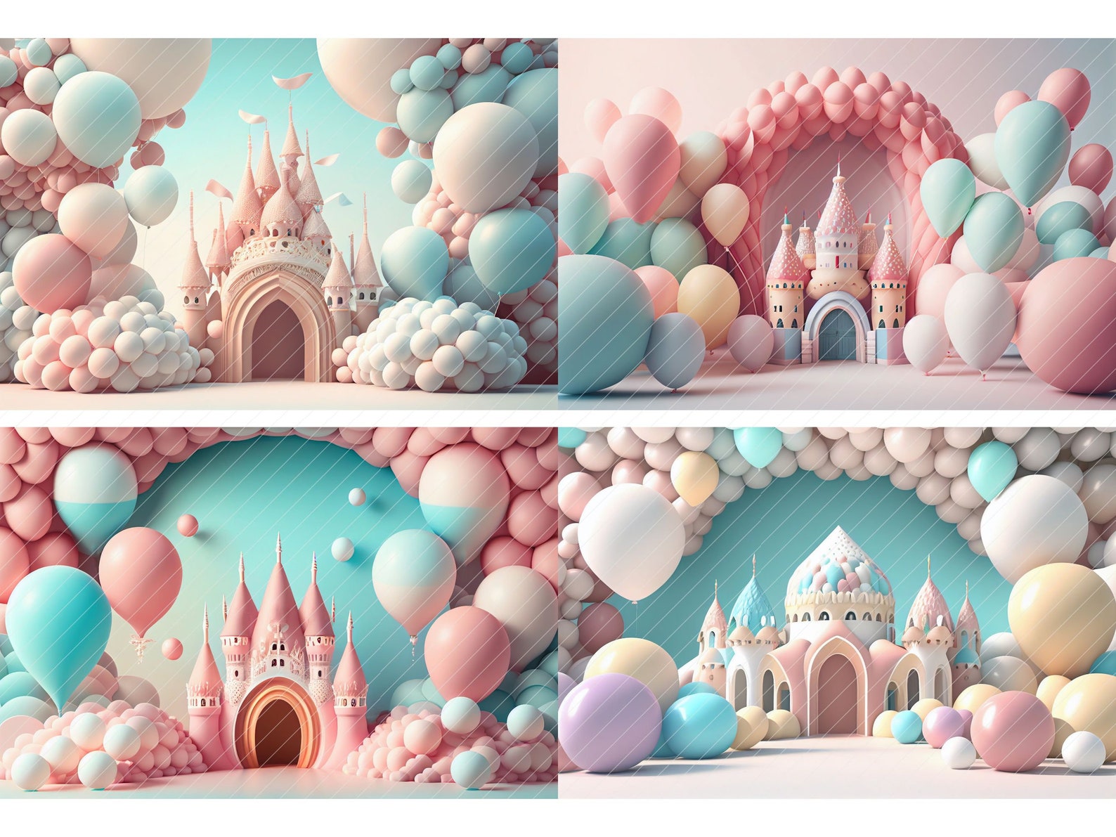 12 Pastel Balloon and Fairytale Castle Digital Backdrops, Studio ...