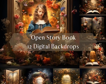May include: Twelve digital backdrops featuring open story books with floral arrangements and a magical, whimsical theme. The backdrops are perfect for photographers and digital artists.