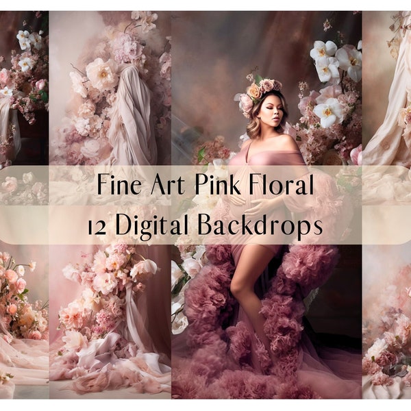 12 Blushed Pink Floral Fine Art Digital Backdrops, Photoshop Texture Overlays, Maternity Backdrop Overlays, Photography Digital Background