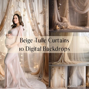 Beige Tulle Curtains Digital Backdrops, Photoshop Overlays, Maternity Kids Portrait Backdrops, Dance Studio Photography Digital Background