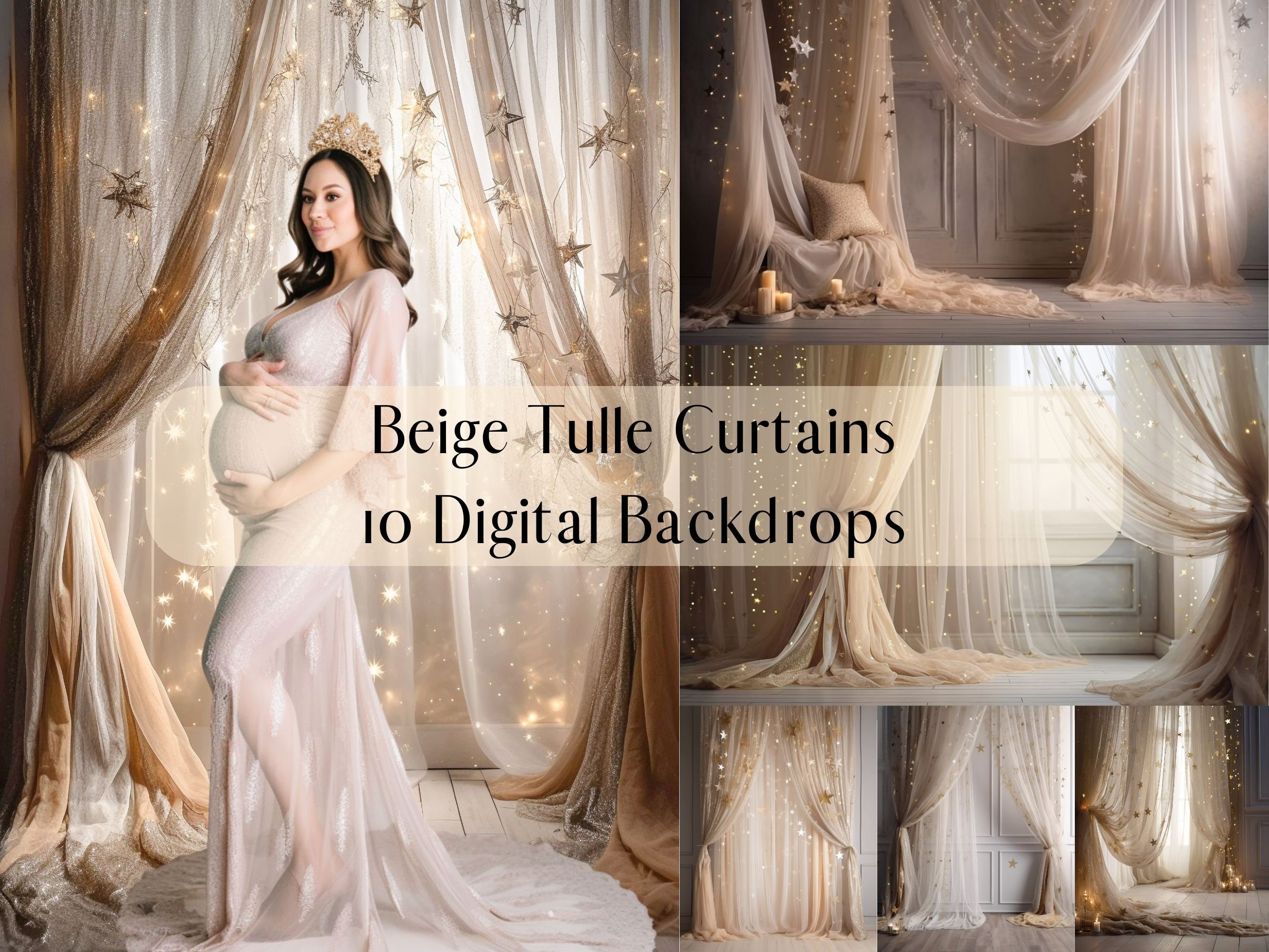Beige Tulle Curtains Digital Backdrops, Photoshop Overlays, Maternity Kids Portrait Backdrops, Dance Studio Photography Digital Background