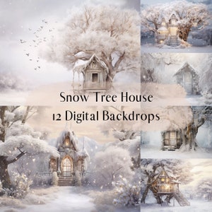 Schnee Baum Haus Digitale Kulissen für Portrait Composite, Winter Fantasy Overlay, Studio Fotografie Digitalen Hintergrund, Photoshop Overlays