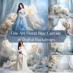 Fine Art Floral Blue Curtain Digital Backdrop, Flower Romantic, Photoshop Overlays, Maternity Background, Photography Digital Background