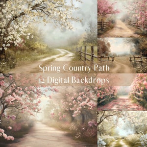 Painterly Spring Country Path Digital Backdrops, Landscape Background, Cherry Blossom, Fine Art Portrait Photography Digital Background