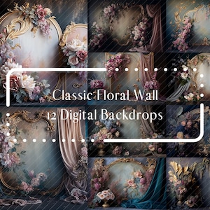 12 Classic Floral Wall Digital Backdrops, Photoshop Texture Overlays, Maternity Backdrop Overlays, Studio Photography Digital Background