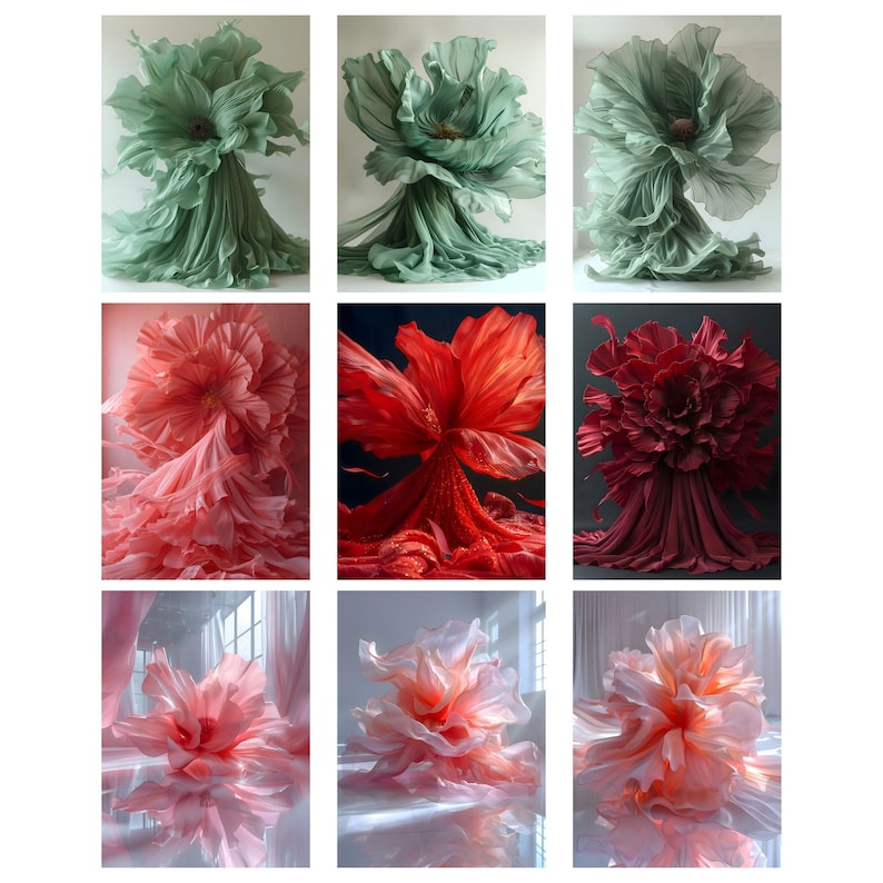 K&ouml;nnte beinhalten: Neun verschiedene Stoffblumenarrangements in verschiedenen Farben, darunter Gr&uuml;n, Rosa, Rot und Pfirsich. Die Blumen sind aus weichem, flie&szlig;endem Stoff gefertigt und in einer kreisf&ouml;rmigen Form angeordnet.