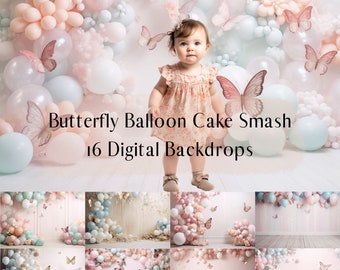 Pastel Butterfly Balloon Digital Backdrops, Child Photography Studio Backdrops, Photoshop overlays, Cake Smash Background, Baby Birthday