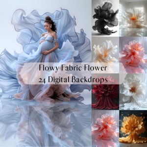 K&ouml;nnte beinhalten: Eine Sammlung von 24 digitalen Hintergr&uuml;nden mit einer gro&szlig;en, flie&szlig;enden Stoffblume in verschiedenen Farben. Die Hintergr&uuml;nde sind perfekt f&uuml;r Fotografen und Grafikdesigner, die einzigartige und fantasievolle Bilder erstellen m&ouml;chten.