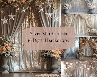 Silver Stars Curtains Digital Backdrops, Photoshop Overlays, Maternity Kids Portrait Backdrops,Wedding Studio Photography Digital Background