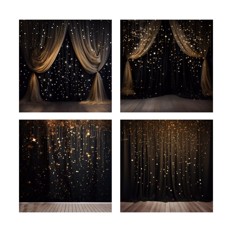 May include: Four different backdrop options for photography featuring a black background with gold glitter and sheer gold curtains. The curtains are draped on either side of the backdrop.