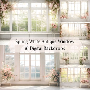 Puede incluir: Un telón de fondo digital con 16 imágenes de una ventana antigua blanca con vista a un jardín verde. La ventana está decorada con flores rosas y vegetación. Las imágenes son perfectas para fotógrafos y artesanos que desean crear fondos hermosos y únicos para sus proyectos.
