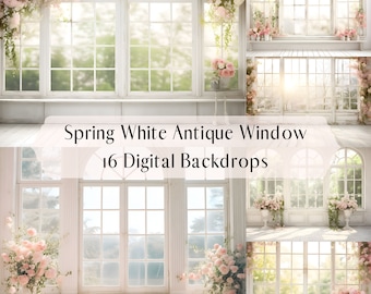 May include: A digital backdrop featuring 16 images of a white antique window with a view of a green garden. The window is decorated with pink flowers and greenery. The images are perfect for photographers and crafters who want to create beautiful and unique backgrounds for their projects.