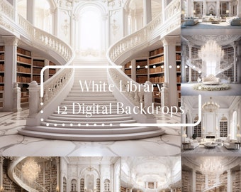 Fondos digitales de sala de biblioteca blanca, superposiciones digitales de retrato de boda de maternidad, fondo digital de fotografía de estudio, superposiciones de Photoshop